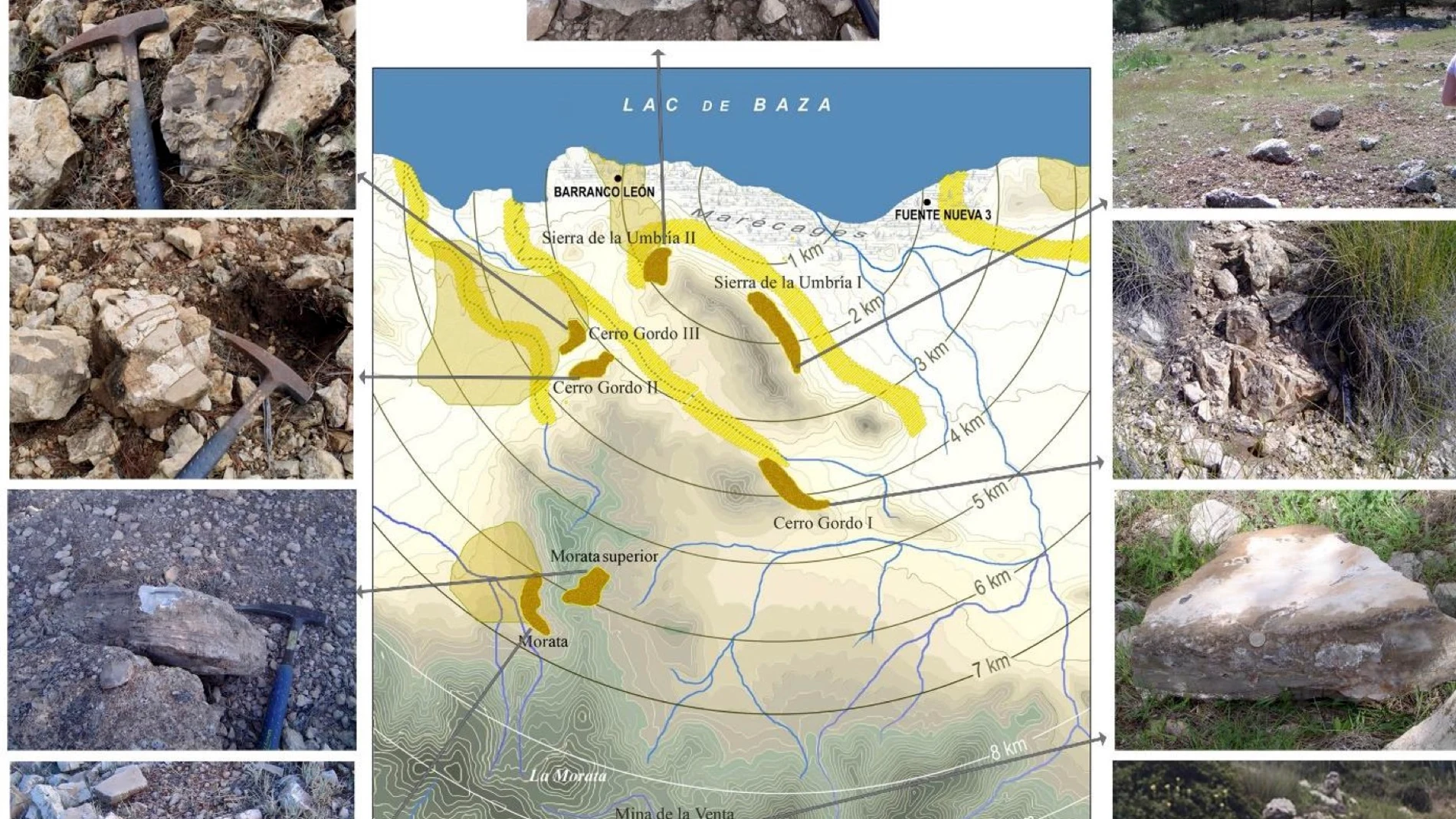 Mapa donde se localizan las diferentes fuentes de suministro de rocas para elaborar útiles tallados. EFE/UGRDivulga SOLO USO EDITORIAL PARA ACOMPAÑAR A ESTA NOTICIA
