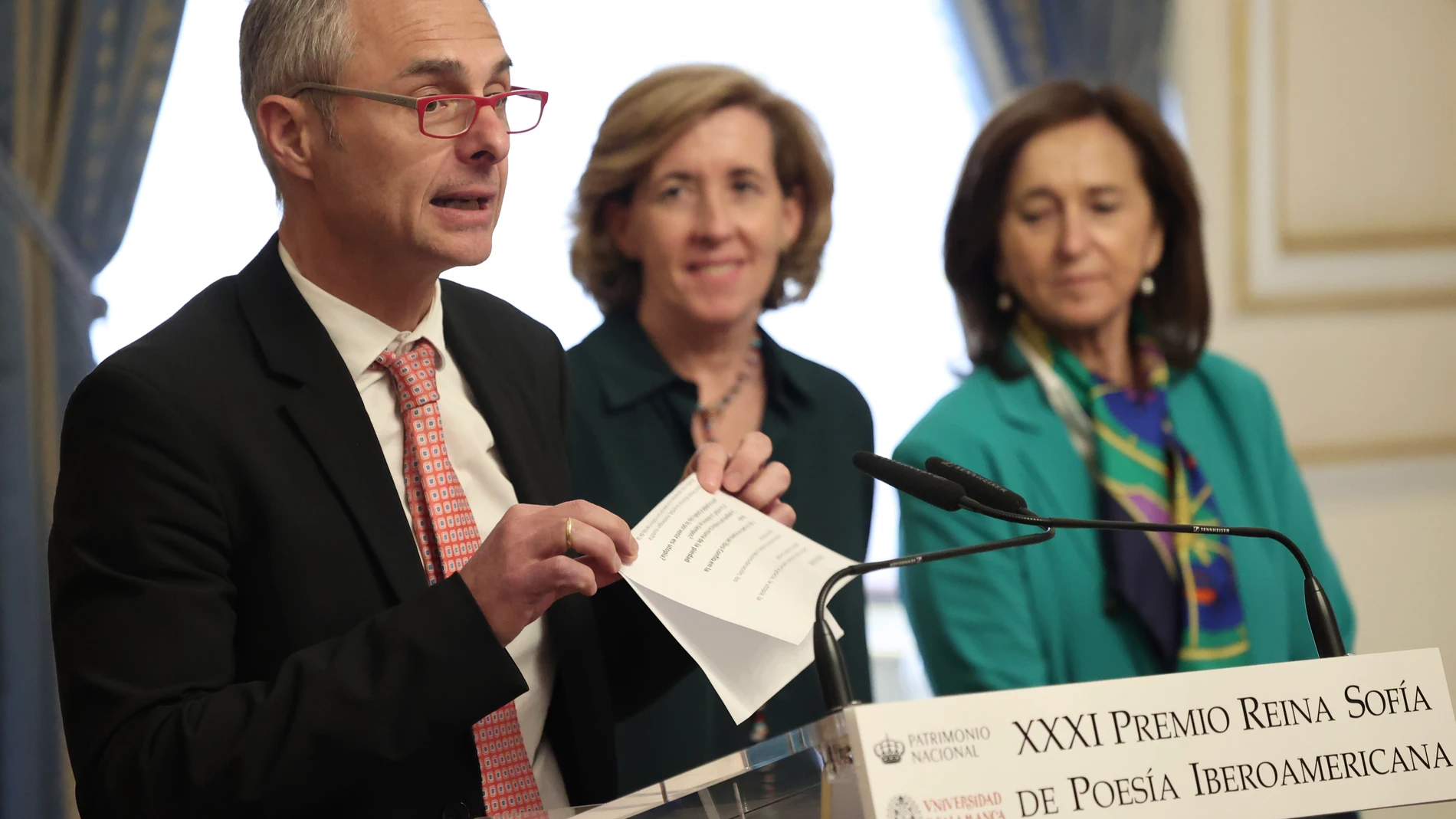 Patrimonio Nacional y la Universidad de Salamanca anuncian el fallo del Jurado del XXXI Premio Reina Sofía de Poesía Iberoamericana tras la reunión de sus integrantes en el Palacio Real de Madrid. En la imagen el rector de la Universidad de Salamanca, Ricardo Rivero