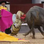 MADRID, 31/05/2022.- El diestro Gómez del Pilar sufre una cogida durante la corrida de la Feria de San Isidro celebrada este martes en la plaza de toros de Las Ventas, en Madrid. EFE/Kiko Huesca