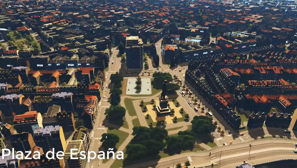 La Plaza de España de Madrid en &quot;Cities: Skylines&quot;.
