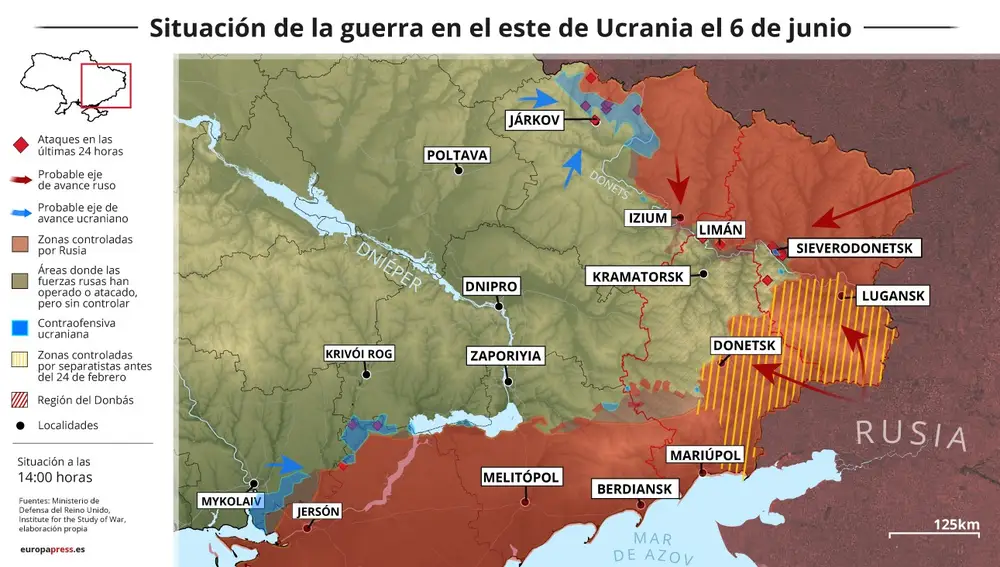 Mapa con la situación de la guerra en el este de Ucrania el 6 de junio de 2022 (Estado a las 14:00 horas). 06 JUNIO 2022 Europa Press 06/06/2022