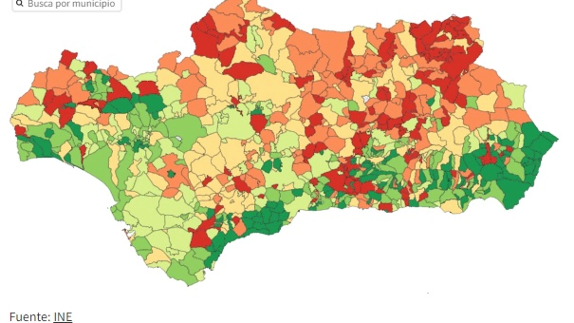 Mapa densidad de población en Andalucía