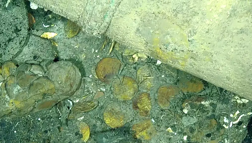 Entre los restos del galeón asoman monedas de oro