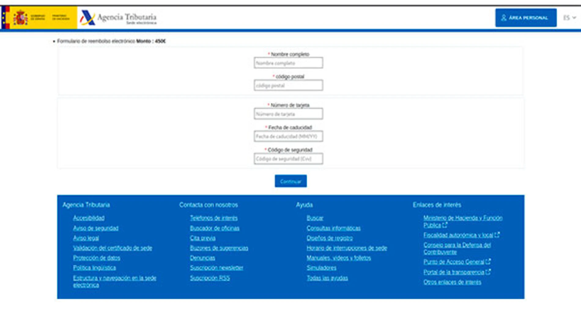 Captura de la web que suplanta a la Agencia Tributaria y en la que se insta a la víctima a introducir sus datos bancarios.