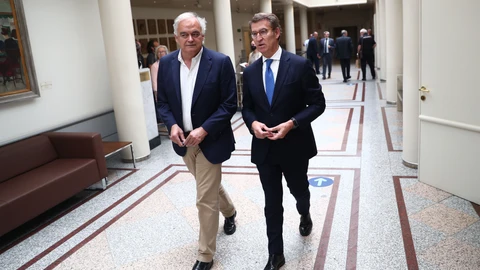 El presidente del Partido Popular, Alberto Núñez Feijóo y el eurodiputado Esteban González Pons, en los pasillos del Senado