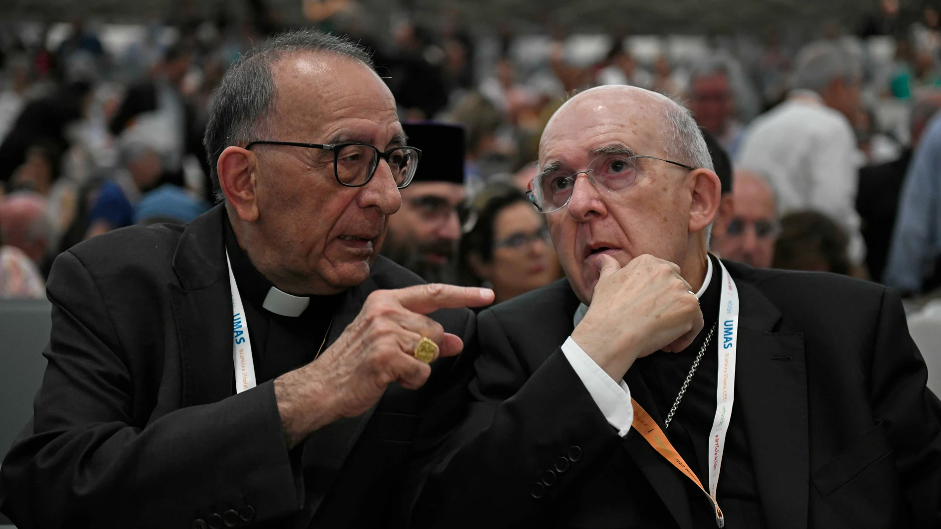 El presidente de la Conferencia Episcopal, el cardenal Juan José Omella, conversa con el arzobispo de Madrid, Carlos Osoro (d)