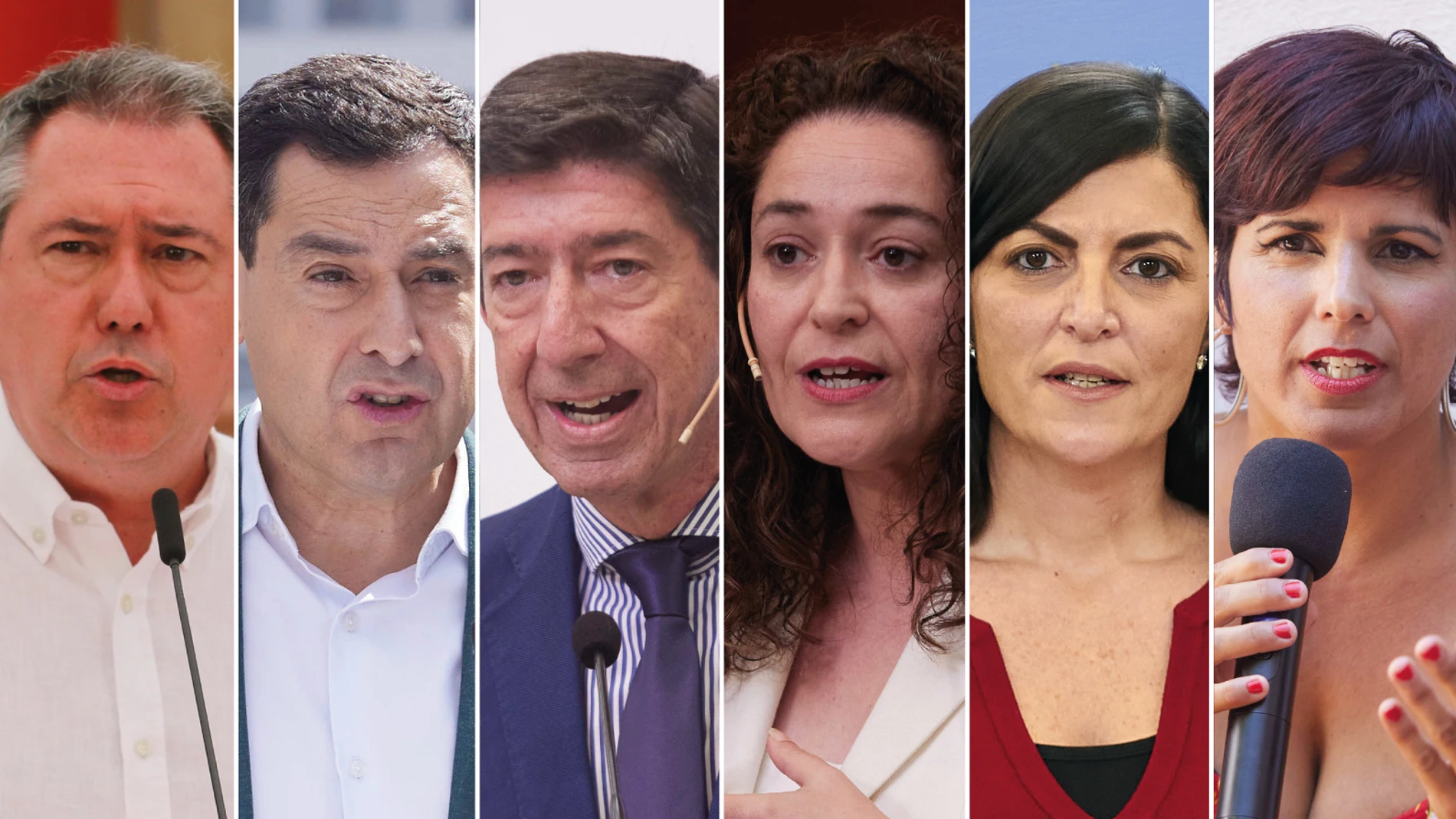 De izquierda a derecha: Juan Espadas (PSOE), Juan Manuel Moreno (PP), Juan Marín (Ciudadanos), Inmaculada Nieto (Por Andalucía), Macarena Olona (Vox) y Teresa Rodríguez (Adelante Andalucía)