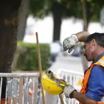 Un trabajador de la construcción se seca el sudor durante su jornada laboral en plena ola de calor en Córdoba