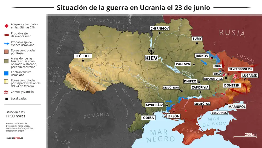 Mapa de la situación actual del avance de las fuerzas rusas por el este de Ucrania