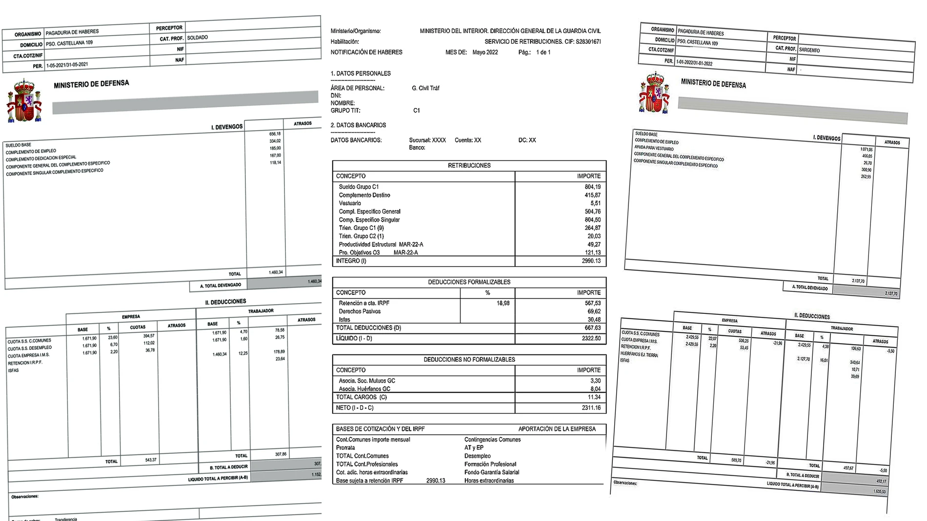 Nóminas de un soldado, un guardia civil de Tráfico y un sargento del Ejército