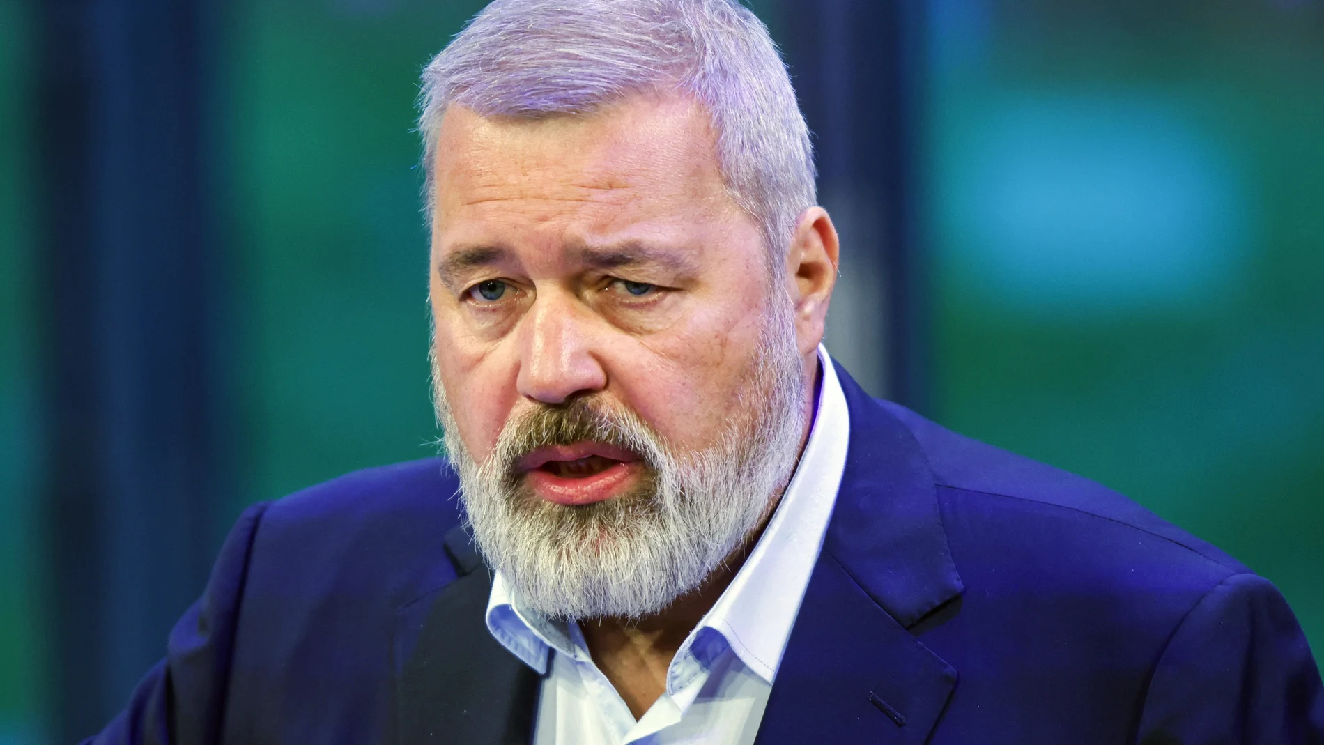 Dmitry Muratov, editor-in-chief of the influential Russian newspaper Novaya Gazeta, speaks to attendees during auctioning of his 23-karat gold medal of the 2021 Nobel Peace Prize, at the Times Center, Monday, June 20, 2022, in New York. (AP Photo/Eduardo Munoz Alvarez)