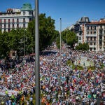 Plano general del ambiente a su paso por la Plaza de Alonso Martínez durante la manifestación en defensa de la Vida y la Verdad en Madrid, en la que han participado más de 200 asociaciones provida