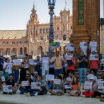 Trabajadores de Abengoa y familiares han realizado este lunes una sentada ante la sede la Delegación del Gobierno de Andalucía, en la Plaza de España de Sevilla