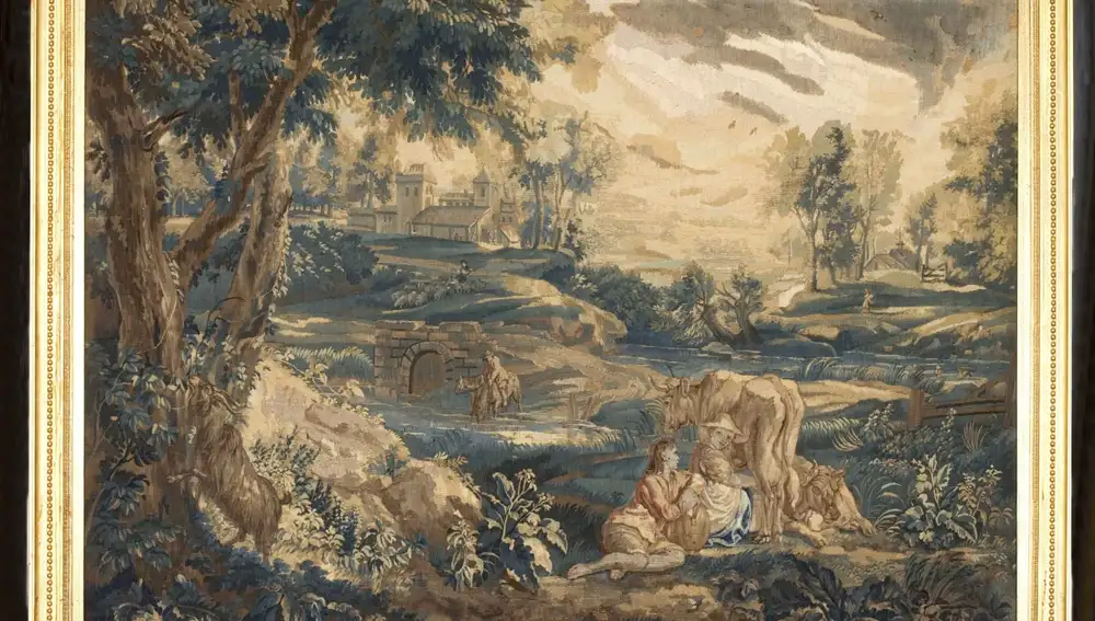 Escena Bucólica. Beauvais s.XVIII Lana y seda. Uno de los puntos más finos en tapicería. Medidas 125x160 Enmarcado Cortesia de Atalante Tapices
