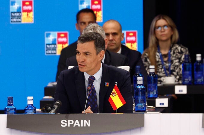 El presidente del Gobierno, Pedro Sánchez durante su intervención en la primera jornada de la cumbre de la OTAN que se celebra este miércoles en el recinto de Ifema, en Madrid.
