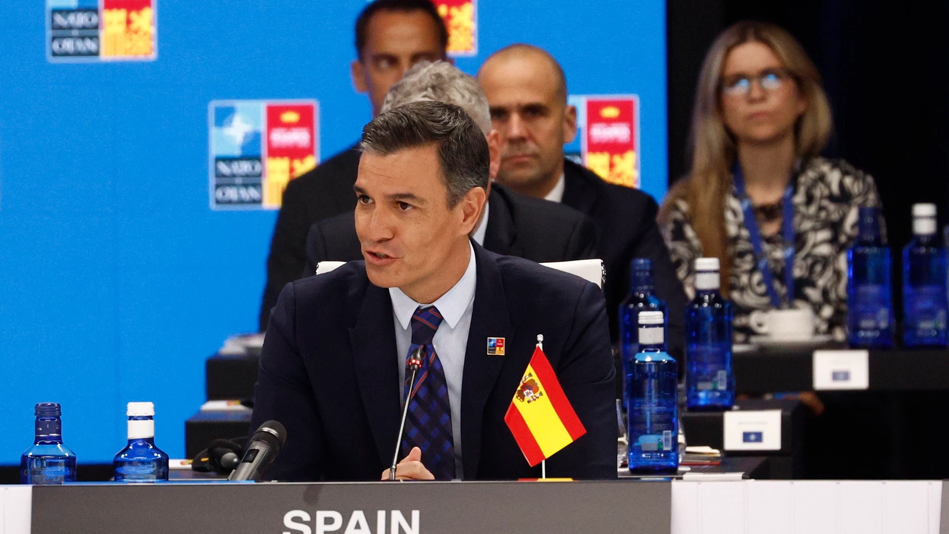 El presidente del Gobierno, Pedro Sánchez durante su intervención en la primera jornada de la cumbre de la OTAN que se celebra este miércoles en el recinto de Ifema, en Madrid.
