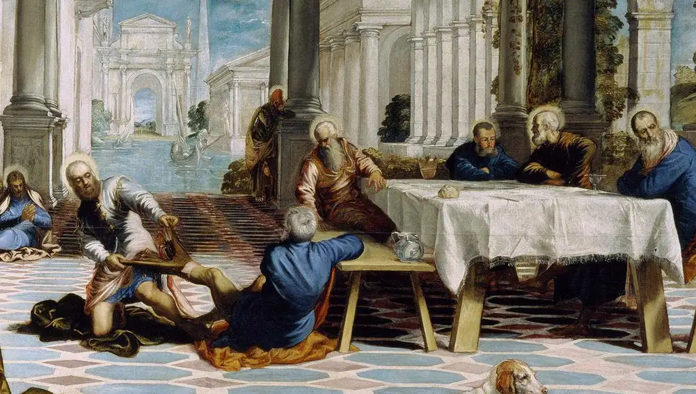 Arquitecturas de El lavatorio de pies. Jacopo Tintoretto 1549 Museo Nacional Del Prado