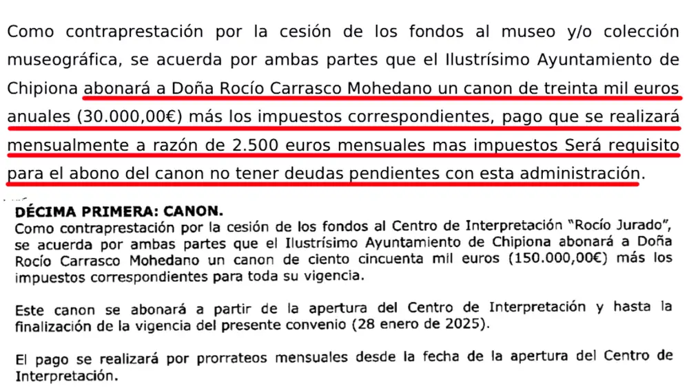 Convenios de 2020 y 2022 respectivamente, firmados por el Ayuntamiento de Chipiona y Rocío Carrasco