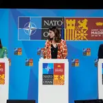 Rueda de prensa en la Cumbre de la OTAN de la ministra de Defensa Margarita Robles y Annalena Baerbock, ministra de Relaciones Exteriores de Alemania