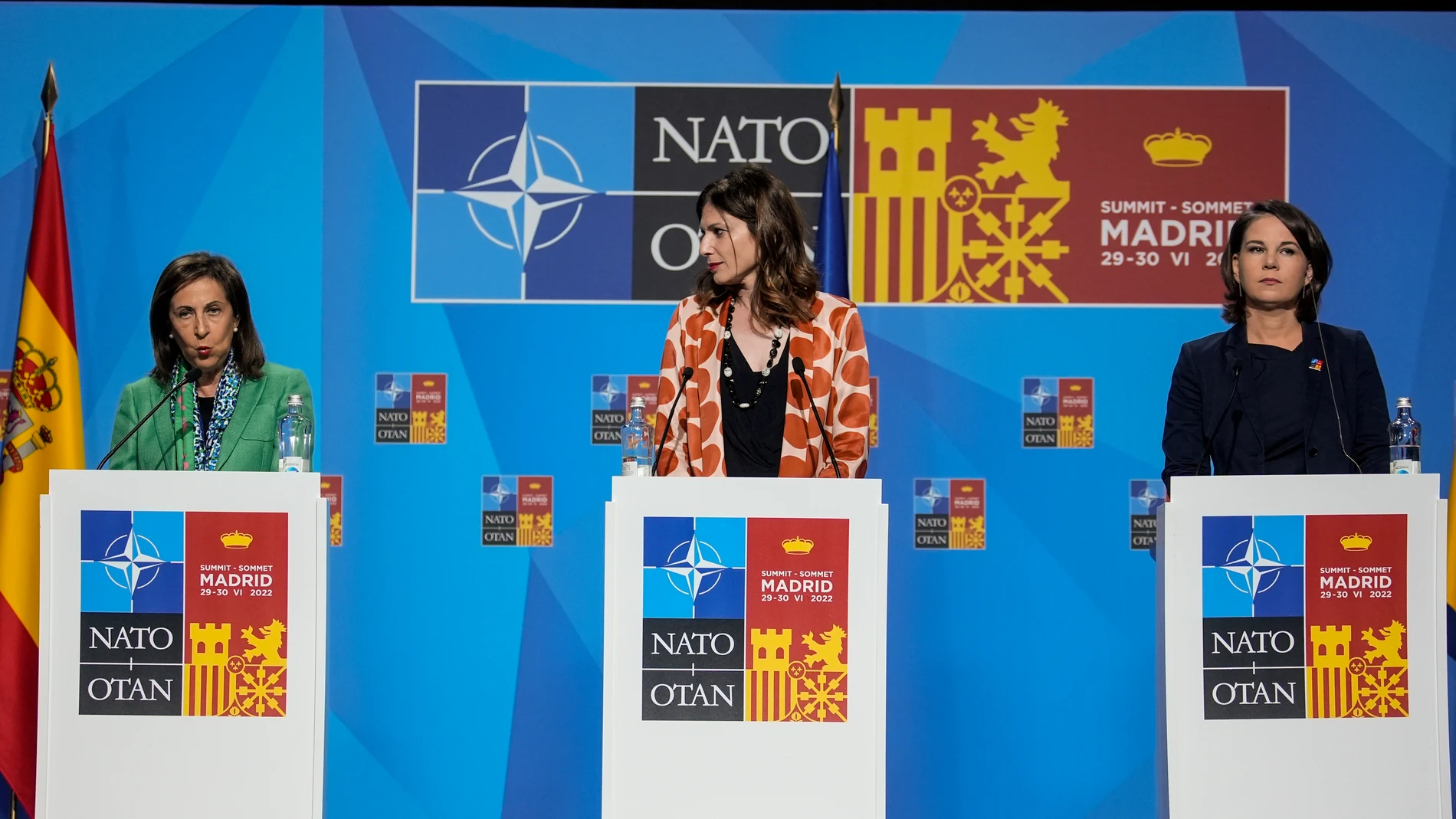 Rueda de prensa en la Cumbre de la OTAN de la ministra de Defensa Margarita Robles y Annalena Baerbock, ministra de Relaciones Exteriores de Alemania