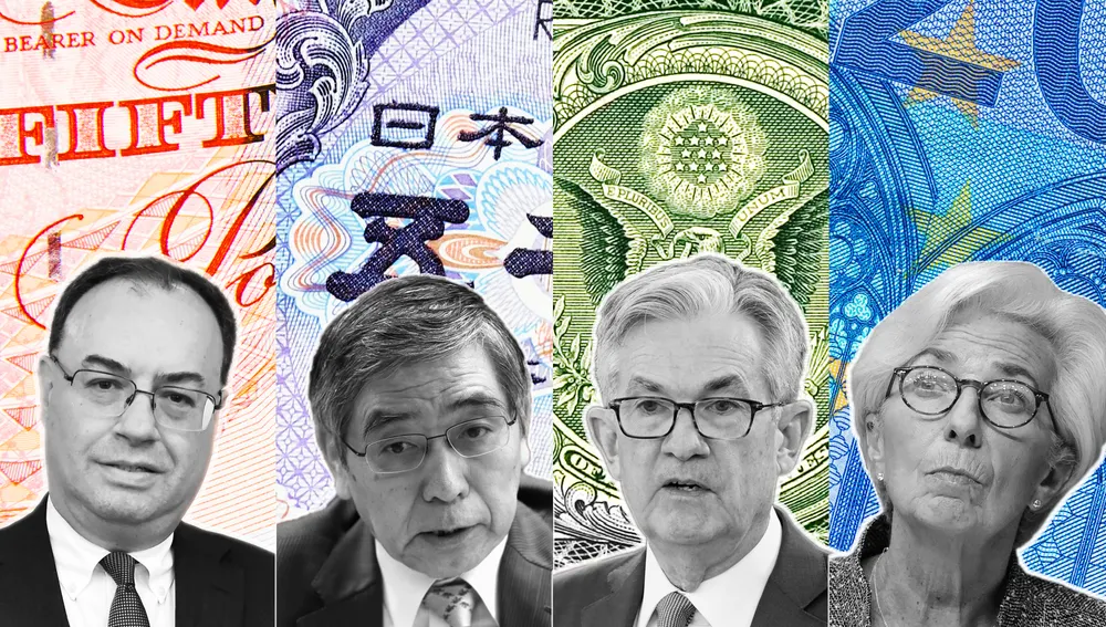 De izquierda a derecha, Andrew Bailey (Banco de Inglaterra), Christine Lagarde (BCE), Jerome Powell (FED) y Haruhiko Kuroda (Banco de Japón)