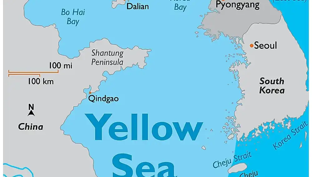 Mapa con el Mar Amarillo junto a la costa china