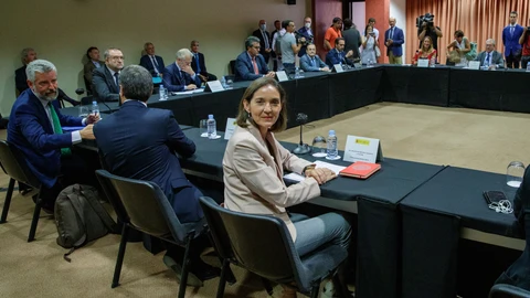 La ministra de Industria, Reyes Maroto (c), representando al Gobierno central, en una reunión para abordar la situación de crisis de la empresa Abengoa tras el rechazo de la Sociedad Española de Participaciones Industriales (SEPI) del rescate de 249 millones de euros y la apertura de la fase de liquidación de la matriz del grupo, que deja en el aire el futuro de la multinacional sevillana. EFE/Julio Muñoz