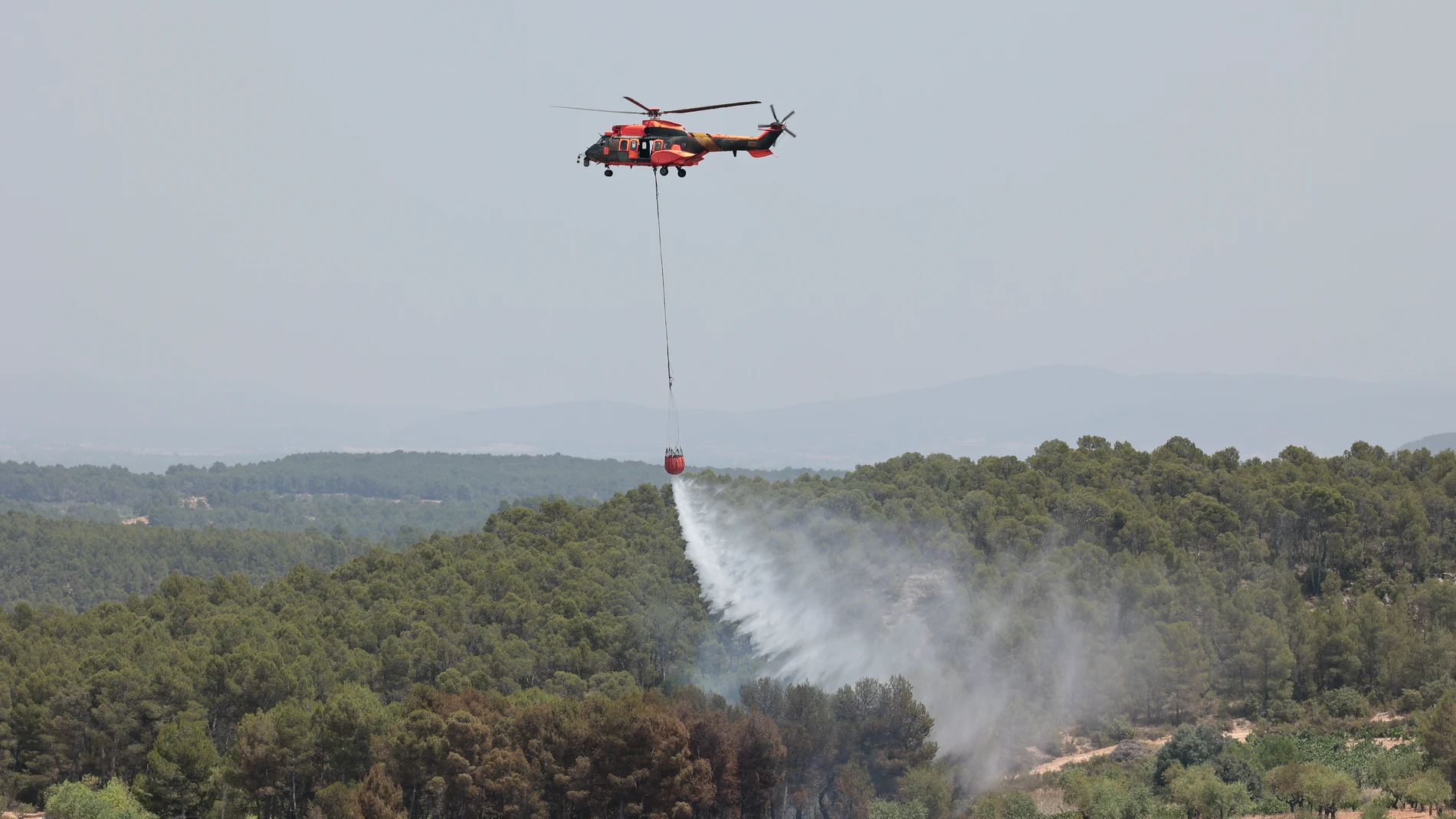 Medios aéreos y terrestres trabajan en la extinción de un incendio.