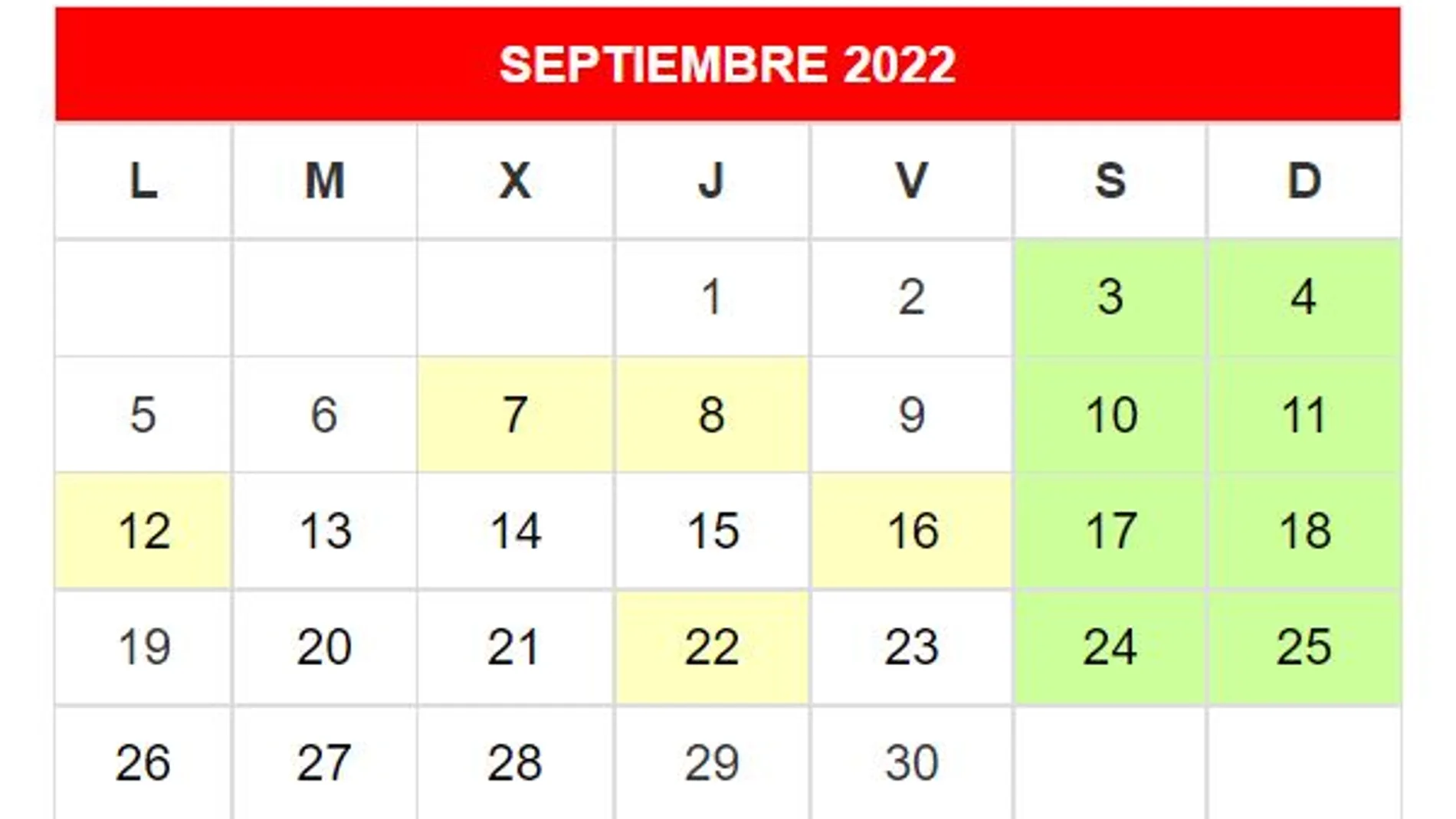 Calendario escolar de septiembre 2022