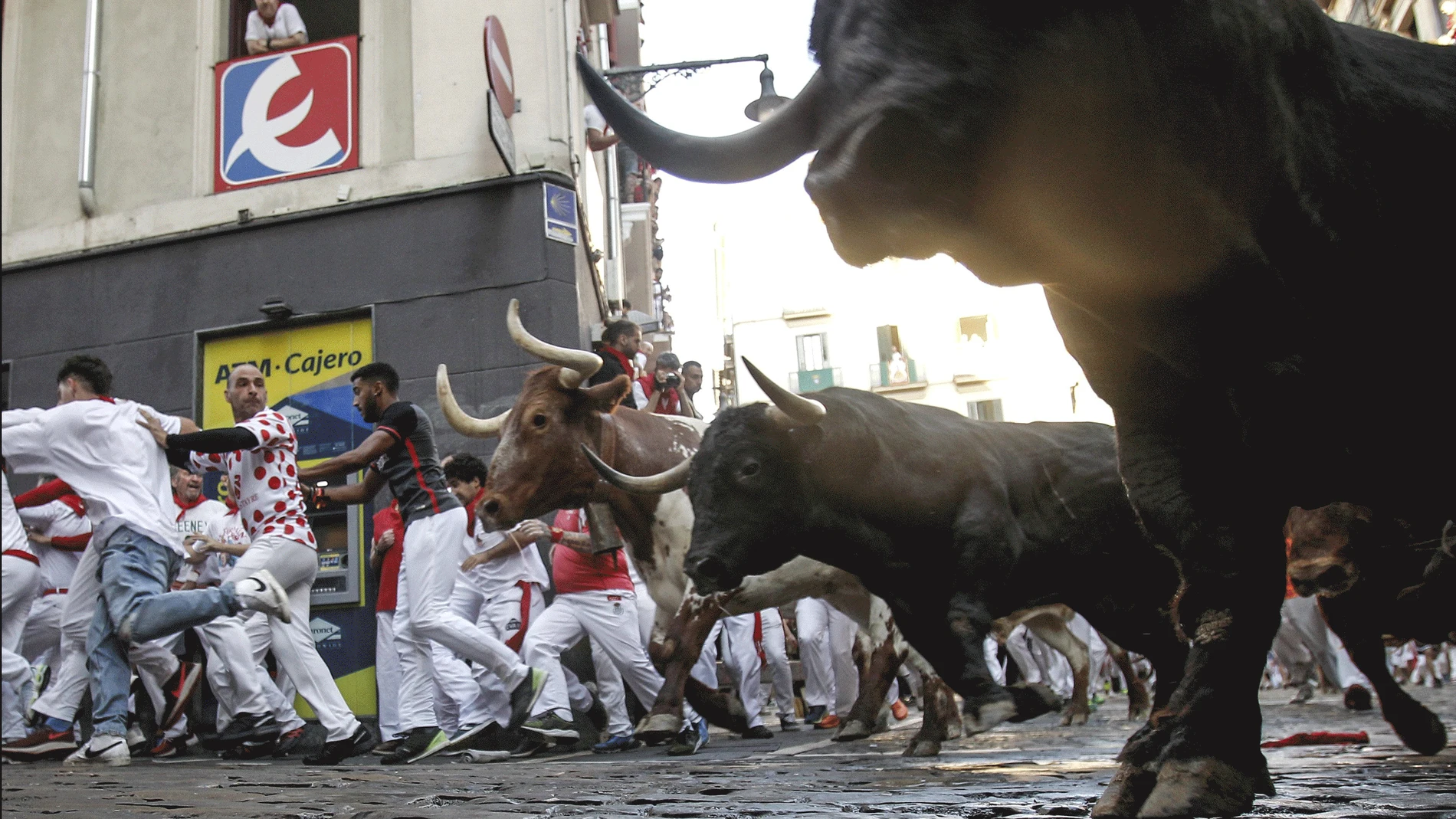 Cuarto encierro de los Sanfermines con toros de la ganadería La Palmosilla este domingo en Pamplona.