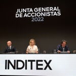 In the center, the CEO of Inditex, Óscar García Maceiras, and the Chairwoman of Inditex, Marta Ortega, together with the rest of the members of the Board of Directors during the first call of the General Shareholders' Meeting of Inditex, at the corporate headquarters of the company, on July 12, 2022, in Arteixo, A Coruña, Galicia (Spain). This will be the first general shareholders' meeting with Marta Ortega, daughter of the company's founder, Amancio Ortega, at the head of the textile multinational. The board of directors of Inditex will submit to the meeting the ratification and appointment of Marta Ortega Pérez as member of the management body of the company, with the qualification of proprietary director, and of Óscar García Maceiras, with the qualification of executive director, as well as the modification of the remuneration policy. The agenda also includes the appointment of EY as auditor of the company's accounts for the next three fiscal years, replacing Deloitte. 12 JULY