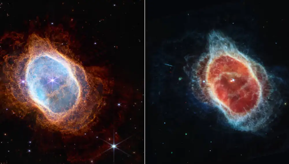 Imagen de la nebulosa de Nebulosa de los Anillos Sur o de Los Ocho Estallidos con el sistema binario en su interior.