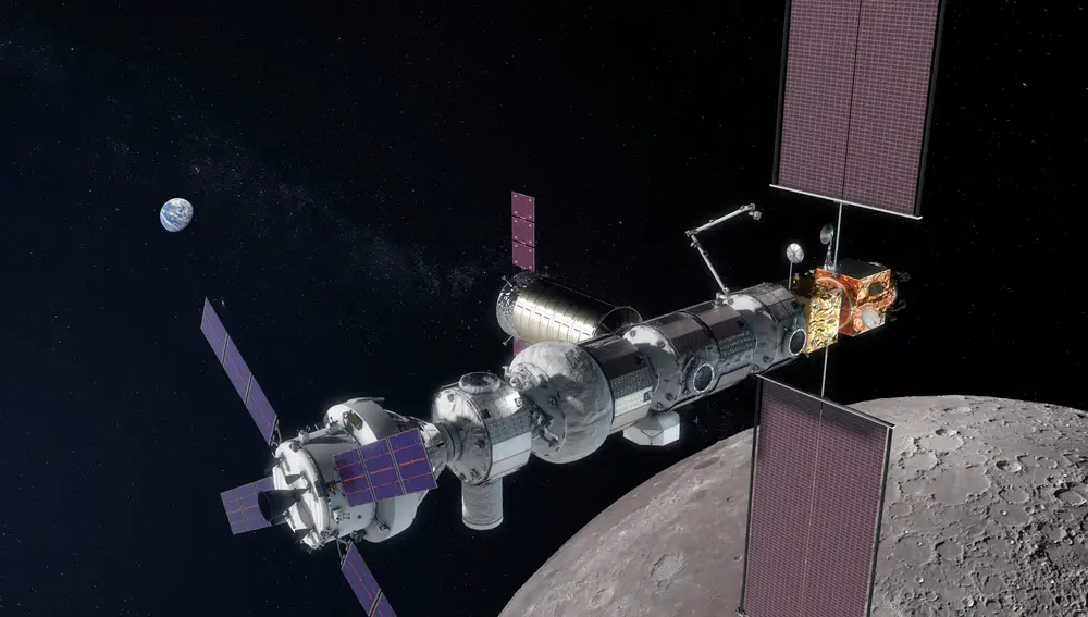Recreación de la estación lunar Gateway con la nave Orion acoplada en el lado izquierdo.