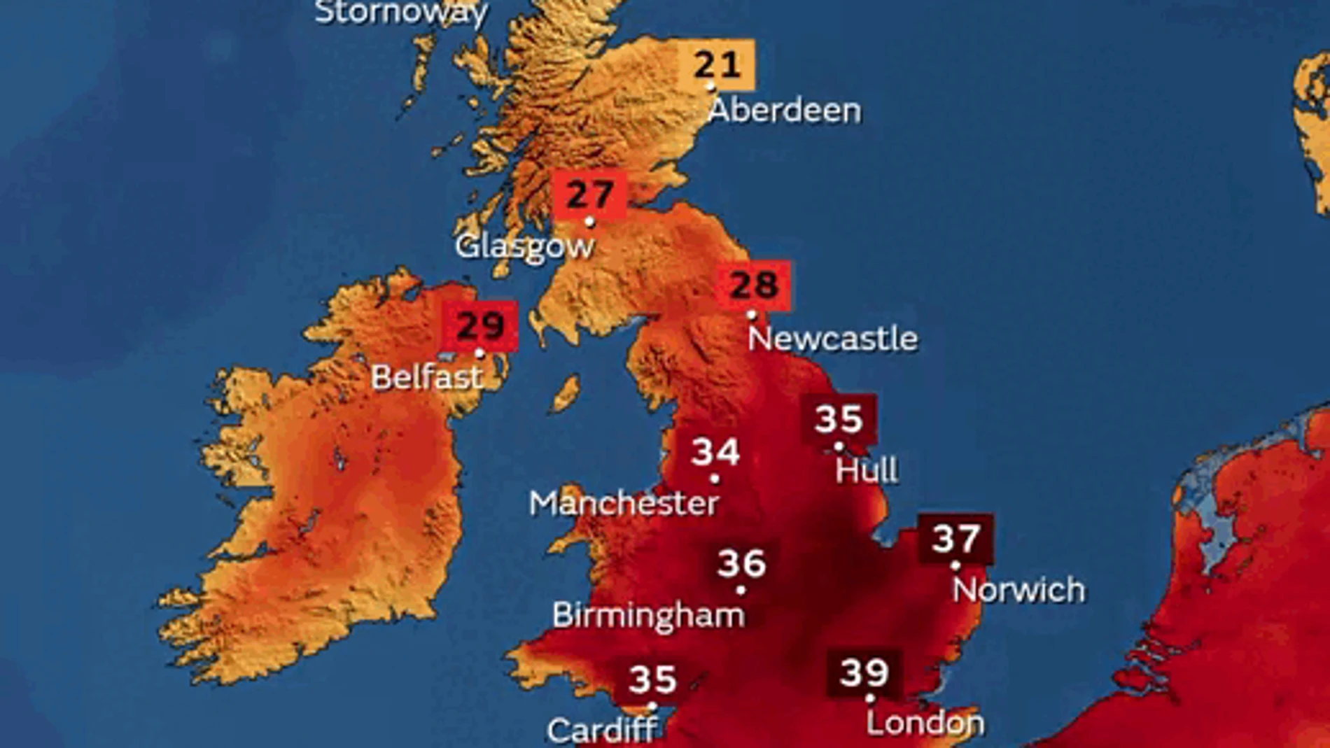 Evolución del pico de temperatura que se espera el lunes y martes en Reino Unido