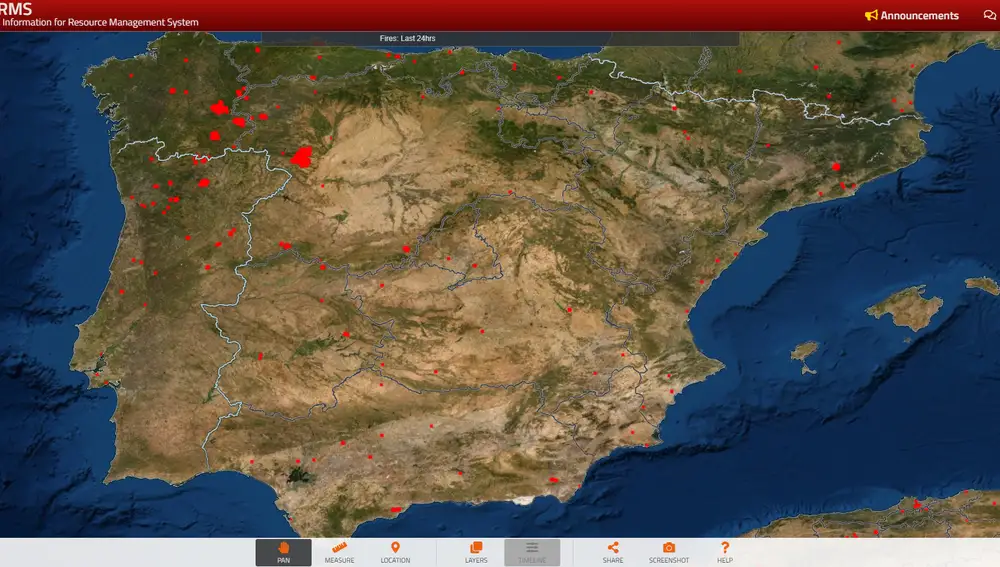 Incendios en España reflejados en FIRMS.