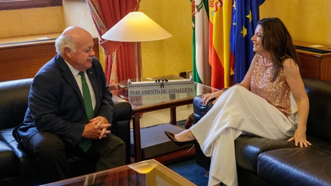 El presidente del Parlamento andaluz, Jesús Aguirre (i), junto a la líder de Vox Andalucía, Macarena Olona, durante la ronda de contactos. EFE/Julio Muñoz
