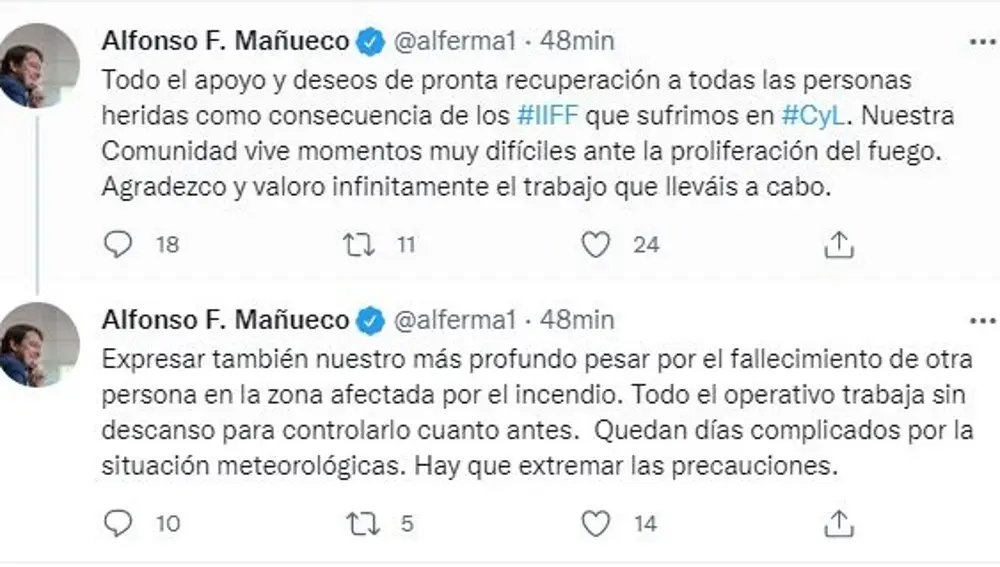 Hilo de tuits de Fernández Mañueco.