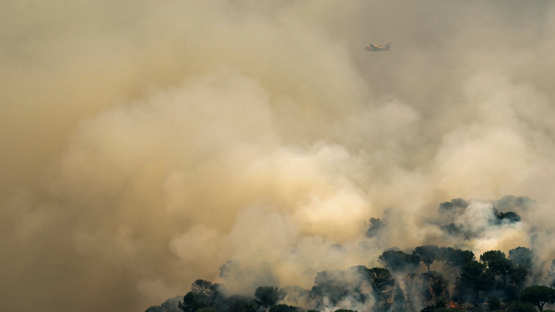 Un hidroavión trabaja en las labores de extinción del incendio declarado el sábado en Cebreros (Ávila) que ha quemado más de 3.000 hectáreas