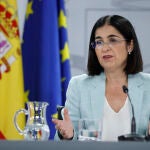 La ministra de Sanidad, Carolina Darias, durante la rueda de prensa posterior a la reunión del Consejo Interterritorial de Salud para abordar la campaña de vacunación y la situación actual de la pandemia, este miércoles en Madrid.