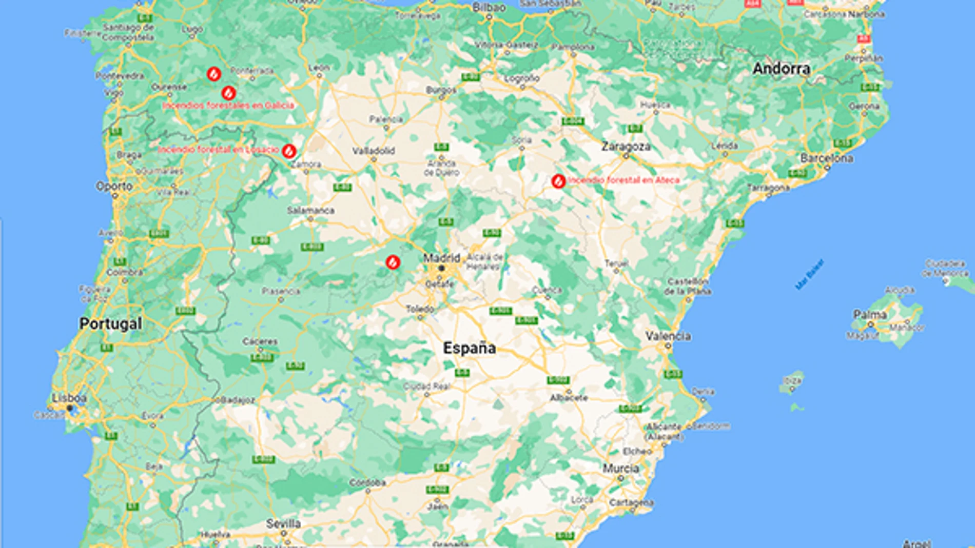 Los incendios forestales que Google Maps muestra hoy, 20 de julio.