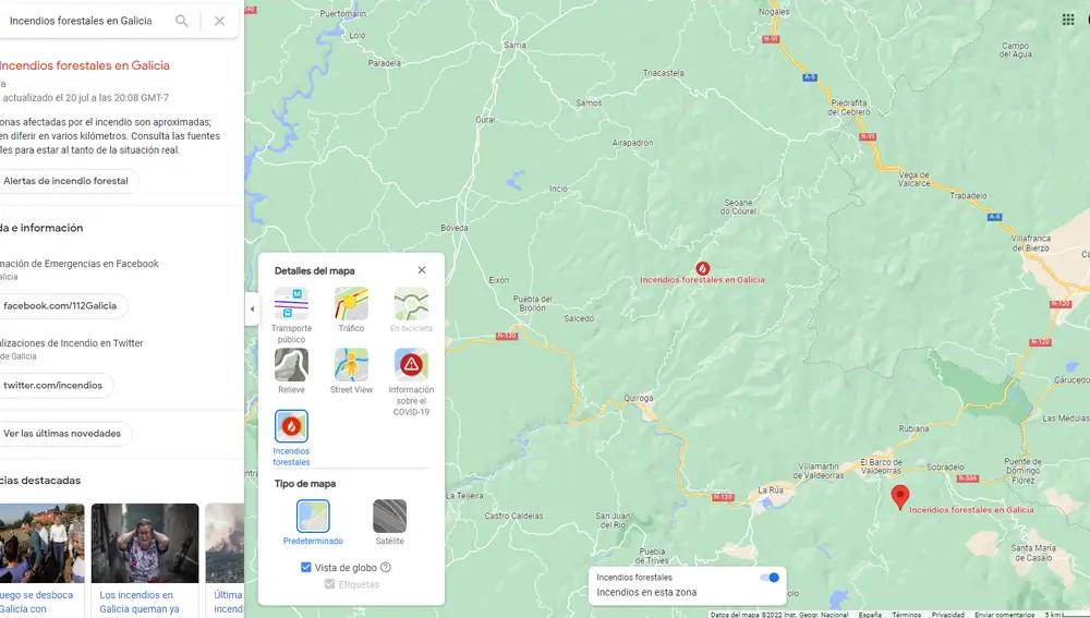 Hoja de alerta de Google Maps con la información sobre uno de los incendios forestales que están teniendo lugar en Galicia.