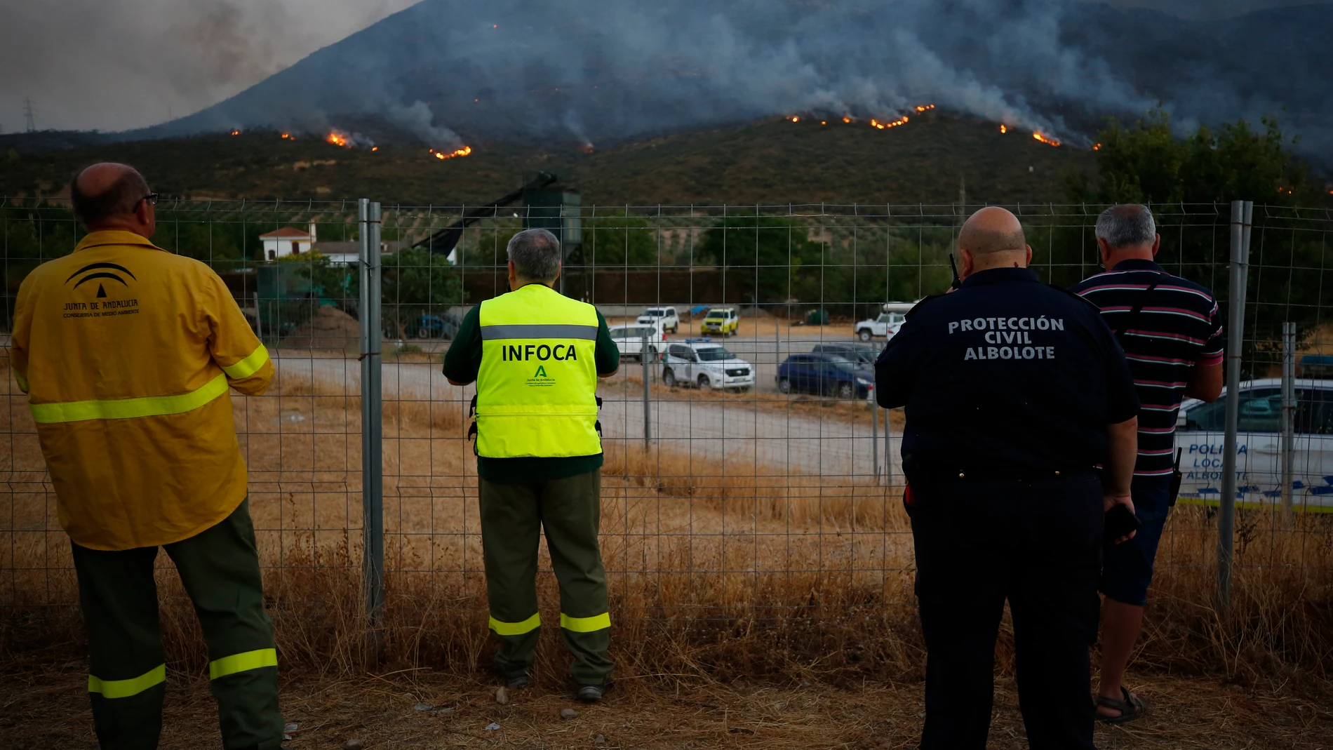 Efectivos de bomberos en el fuego producido en el término municipal de Pinos Puente (Granada)