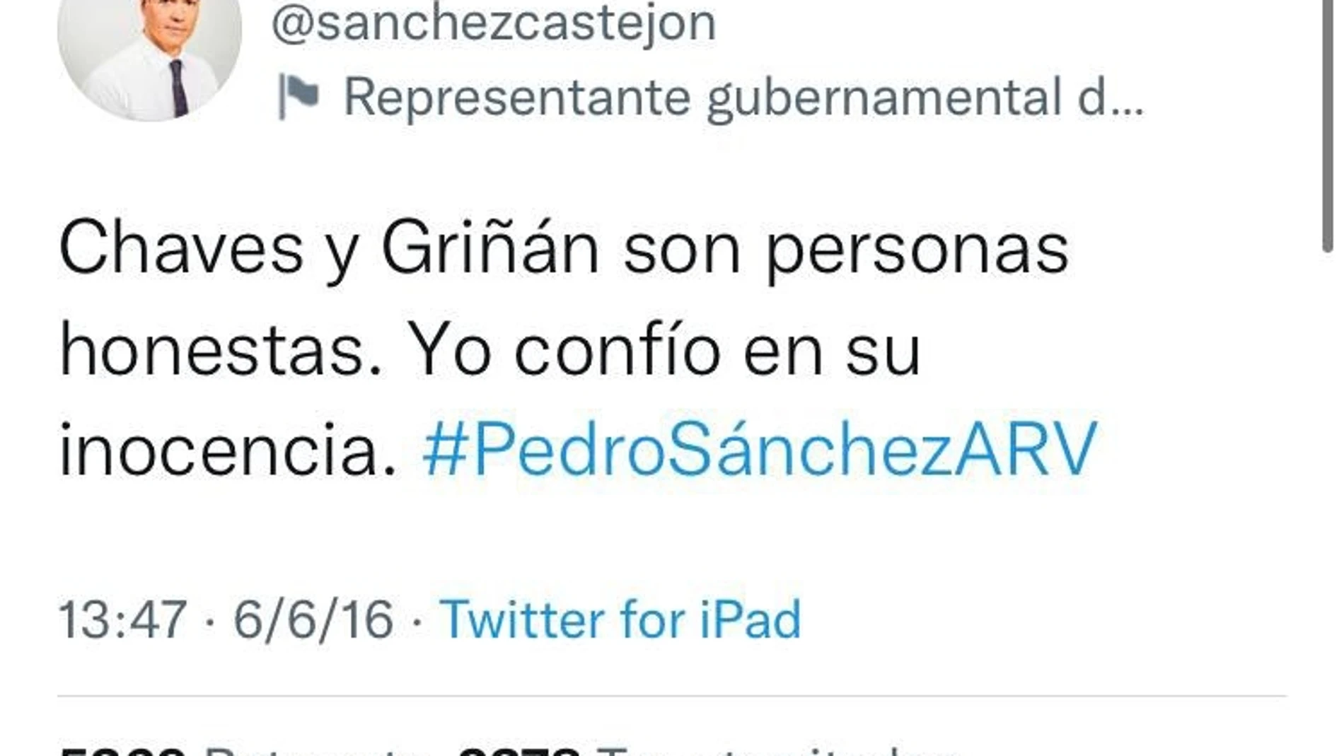 Tuit de Sánchez sobre Griñán y Chaves, publicado en 2016