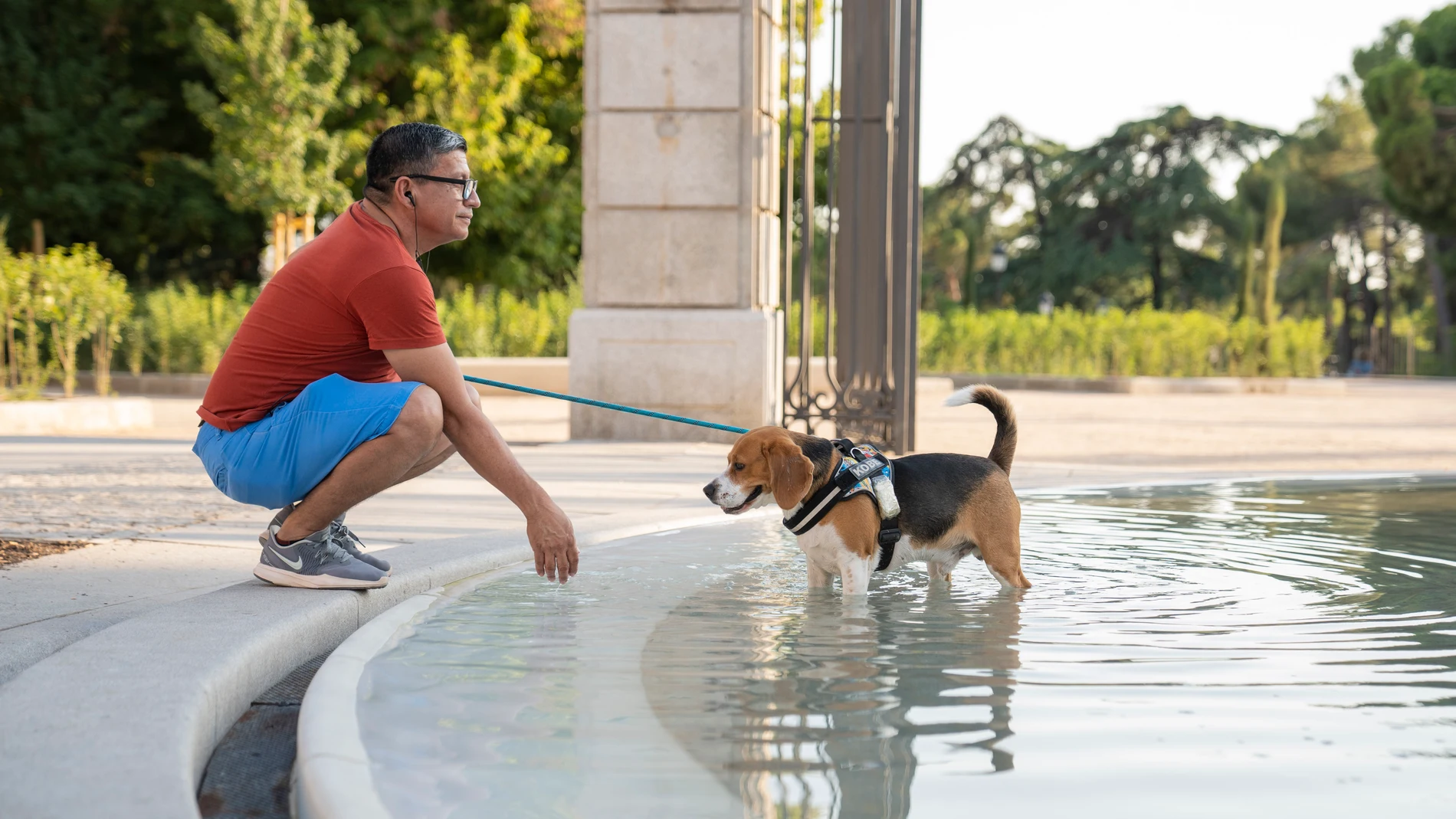 Una persona se refresca junto a su perro en plena ola de calor