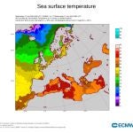La imagen muestra las altas temperaturas registradas en el mar Mediterráneo