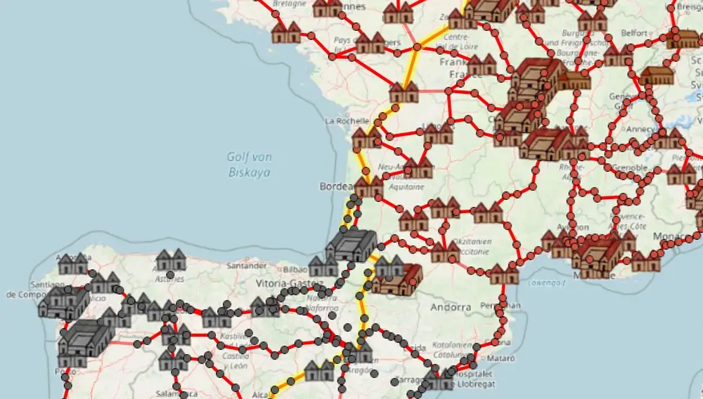 En amarillo, ruta que tenían que trazar los antiguos romanos para ir de Madrid a París