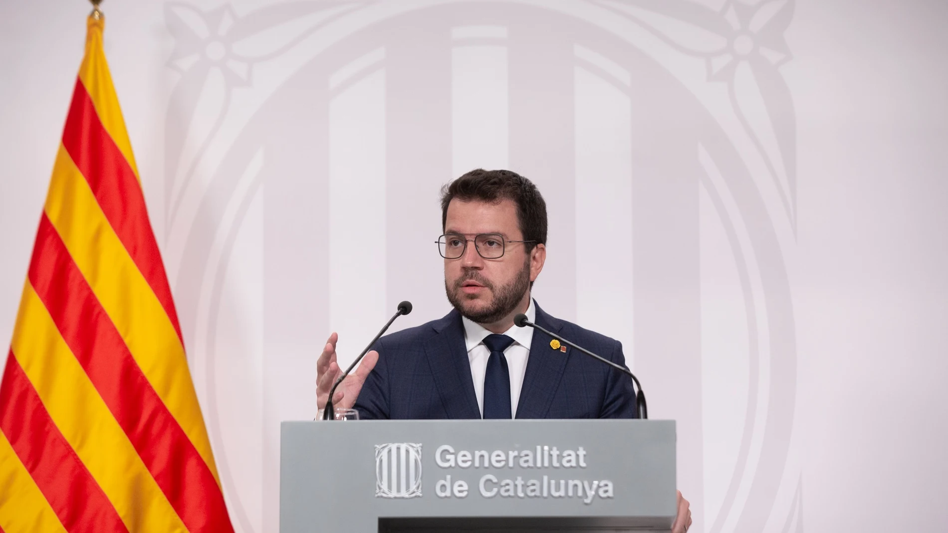 El presidente de la Generalitat, Pere Aragonès, en rueda de prensa tras la reunión del último Consell Executiu del curso político. DAVID ZORRAKINO - EUROPA PRESS 02/08/2022