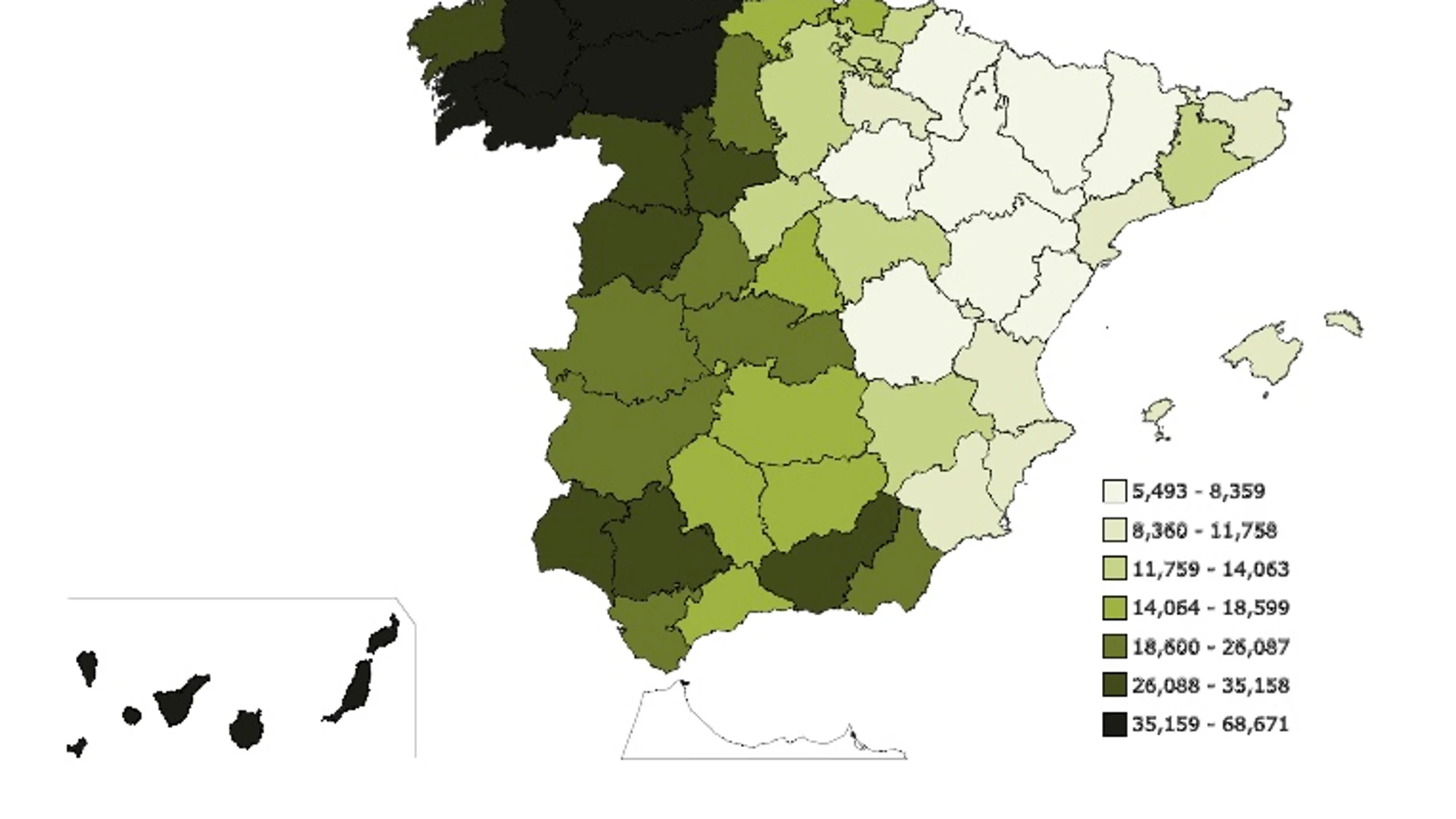 Mapa de España según el número de personas con el primer apellido "Rodríguez" en números absolutos.