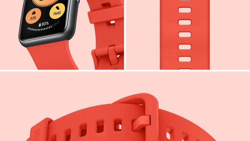 Rojo pomelo es uno de los colores en los que está disponible el Huawei Watch Fit New. Los otros son Azul hielo, Rosa sakura y Negro clásico.