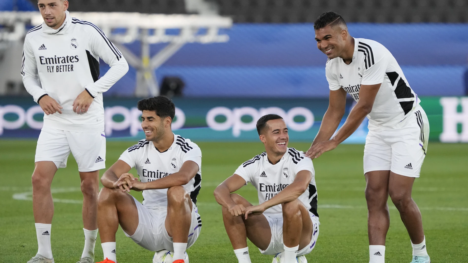Valverde, Asensio, Lucas Vázquez y Casemiro, en un entrenamiento del Real Madrid